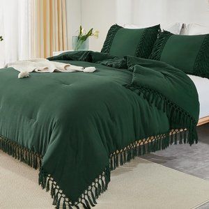 Dark Forest Green Tassels Queen Size Comforter Shams Bohemian Bedding Set New